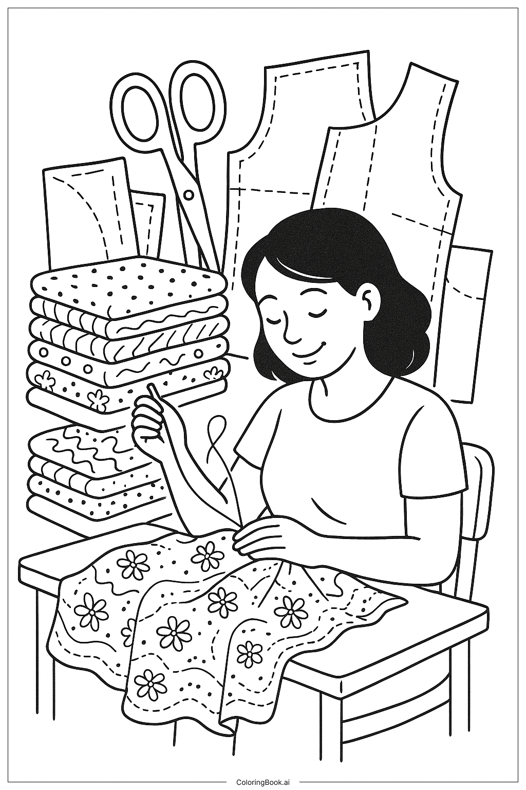  Página para colorear de Mamá cosiendo con aguja e hilo 