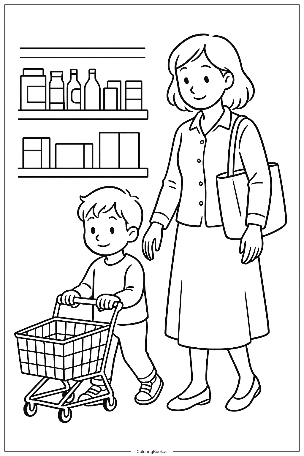  Página para colorear de Mamá de compras con niño 