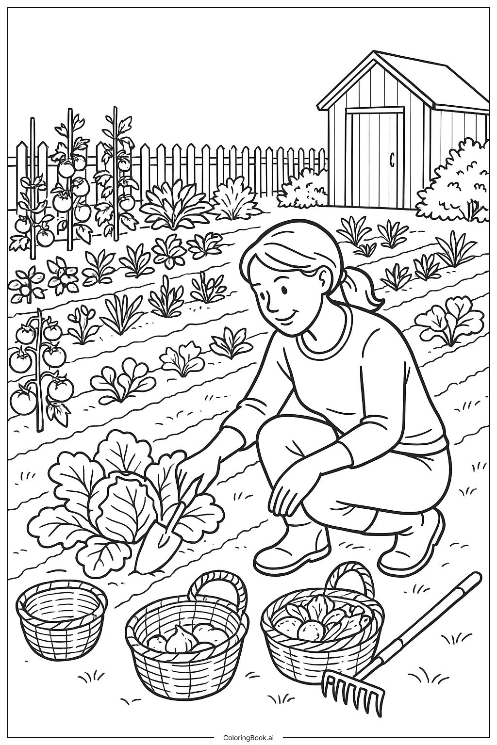 野菜畑の世話をするお母さんの塗り絵ページ