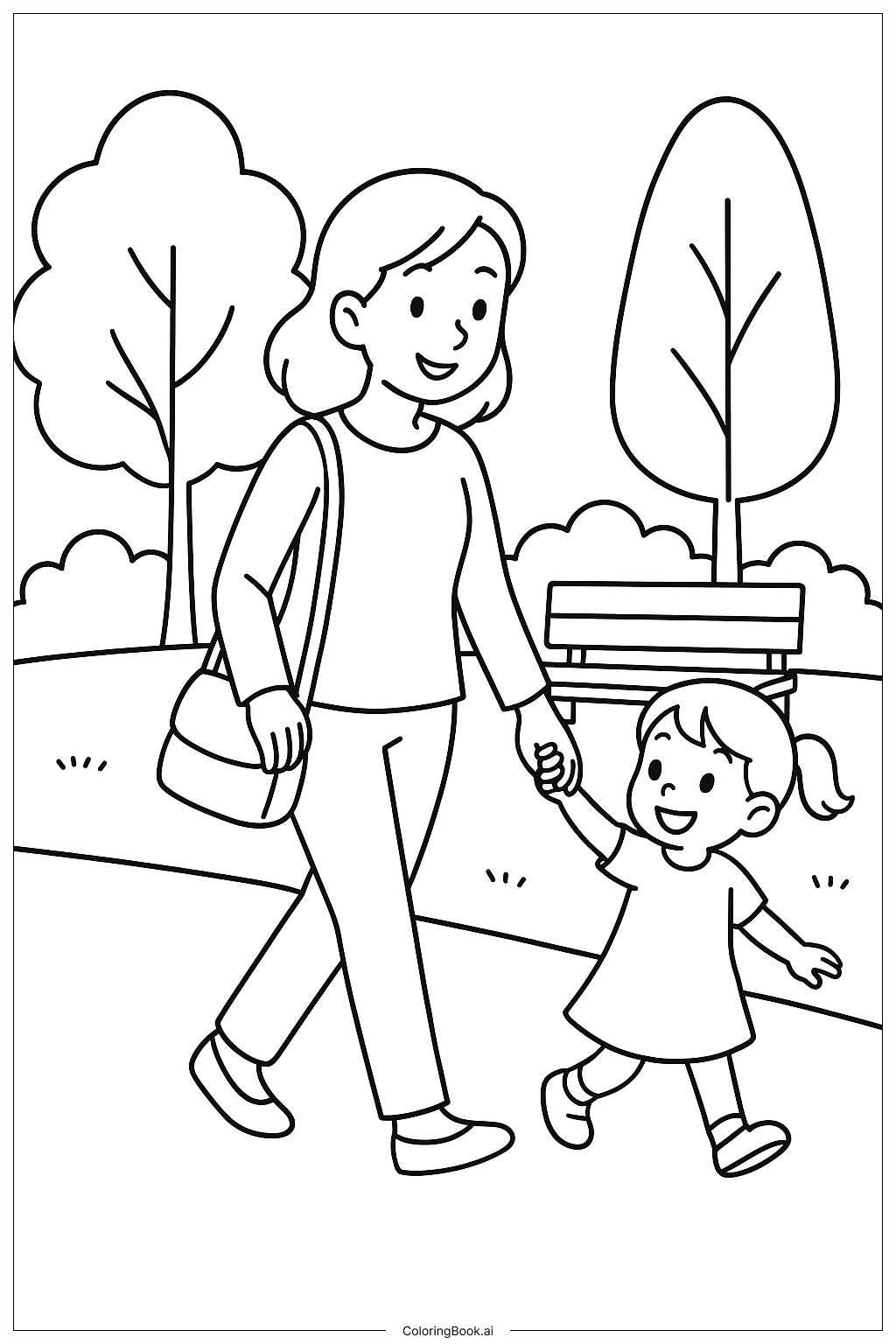 Page de coloriage Maman se promenant dans le parc