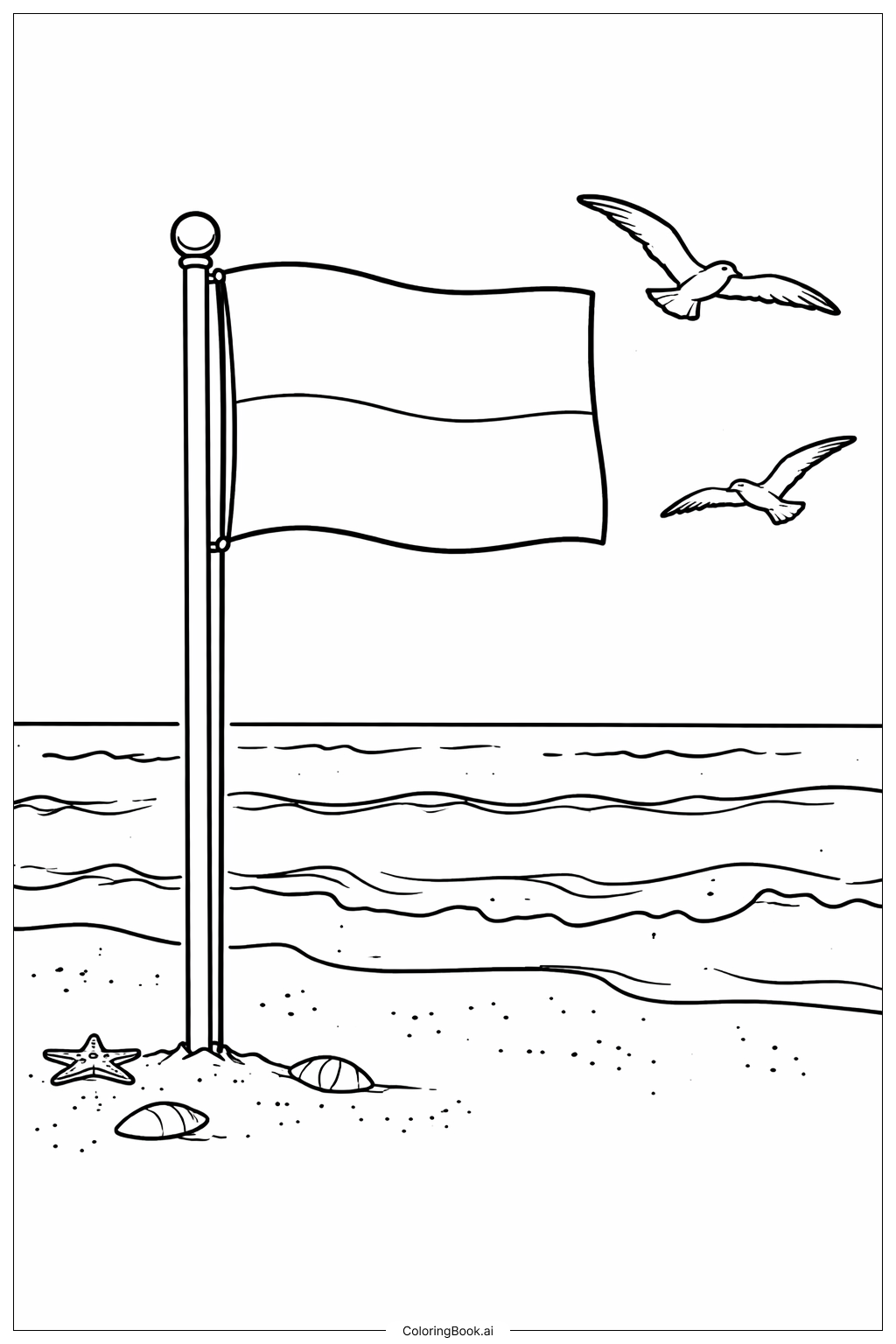  カモメとモナコ旗の塗り絵ページ 