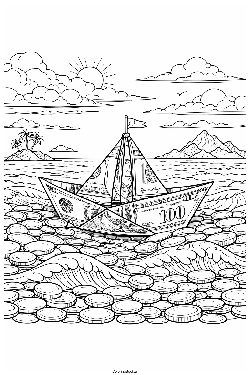  お金の船とコインの海の塗り絵ページ 
