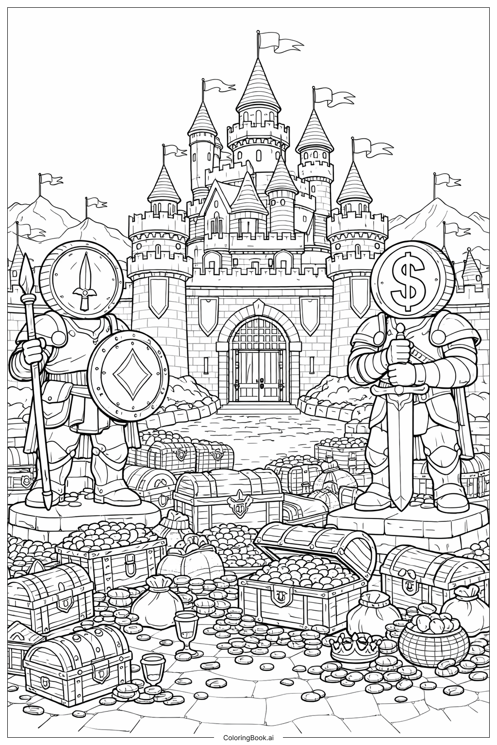  宝物のあるお金の城の塗り絵ページ 
