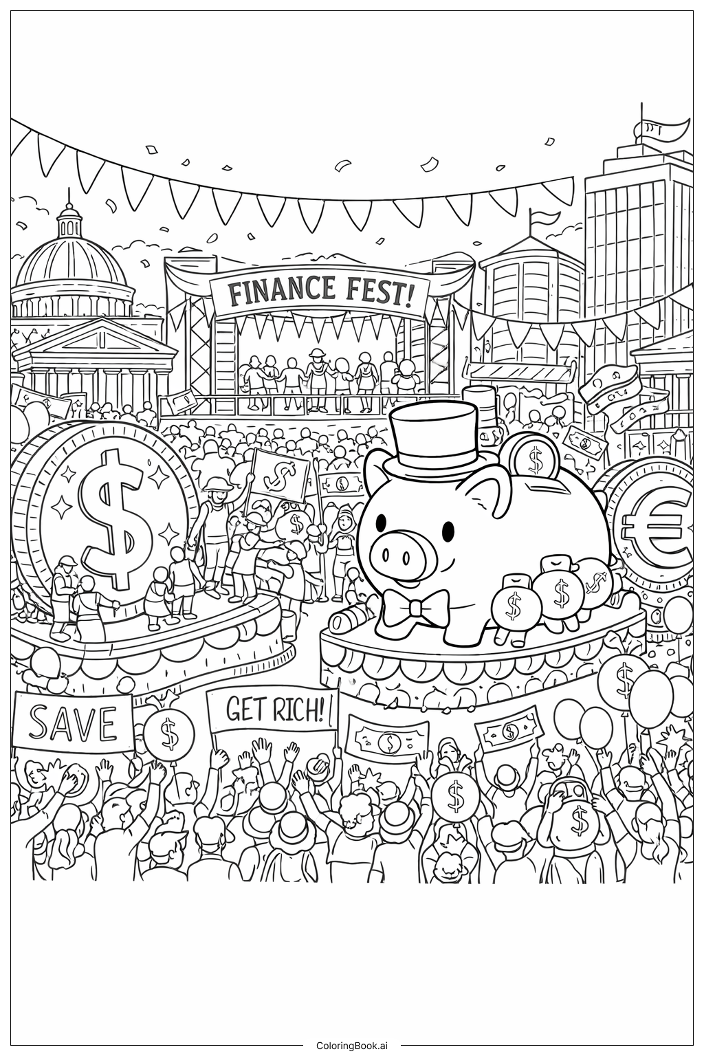  マネーフェスティバルパレードシーンの塗り絵ページ 
