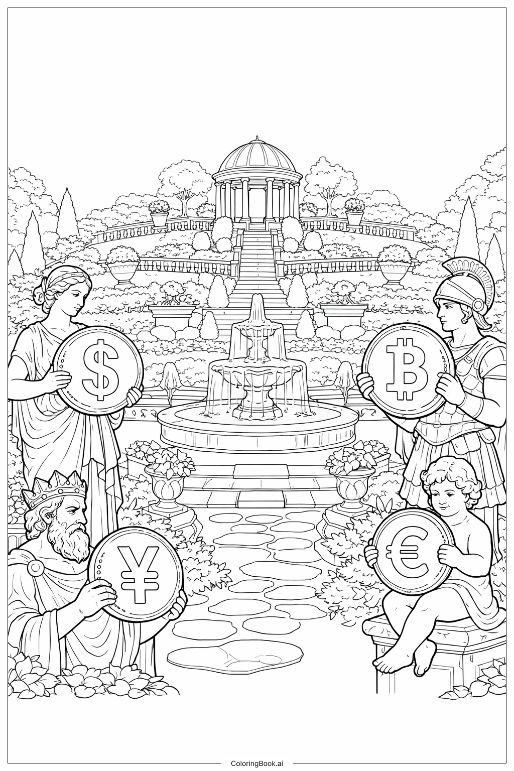  Geldgarten mit Statuen Ausmalseite 