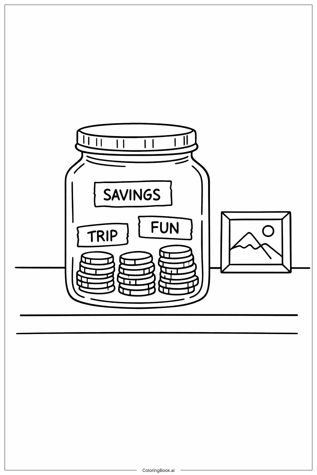  돈 저금통과 스티커 라벨 색칠공부 페이지 