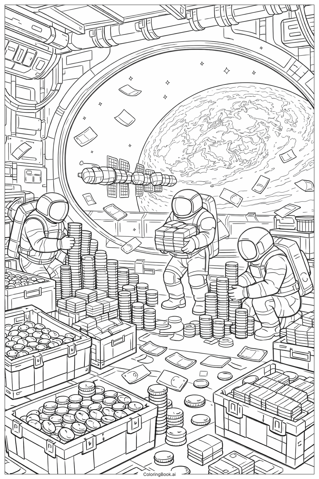  太空站里的钞票填色页 