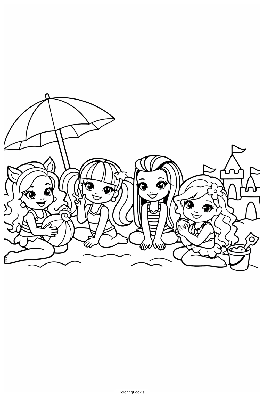  Página para colorir de Amigos do Dia de Praia Monster High 