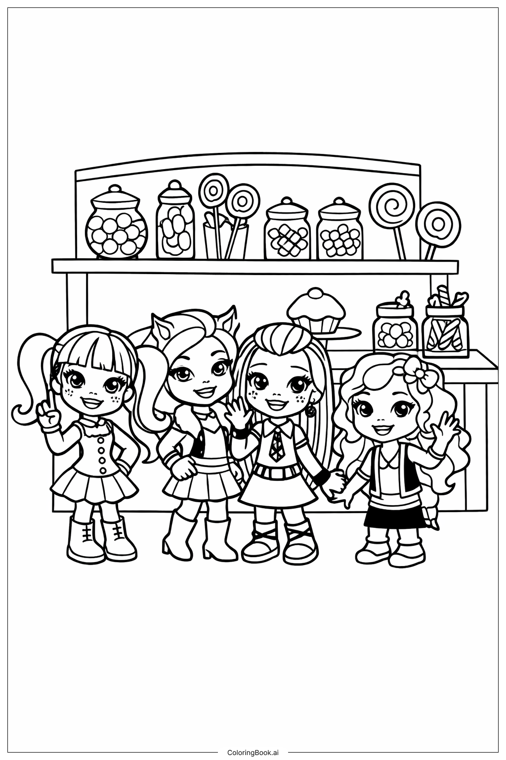  Página para colorir de Visita à Loja de Doces Monster High 
