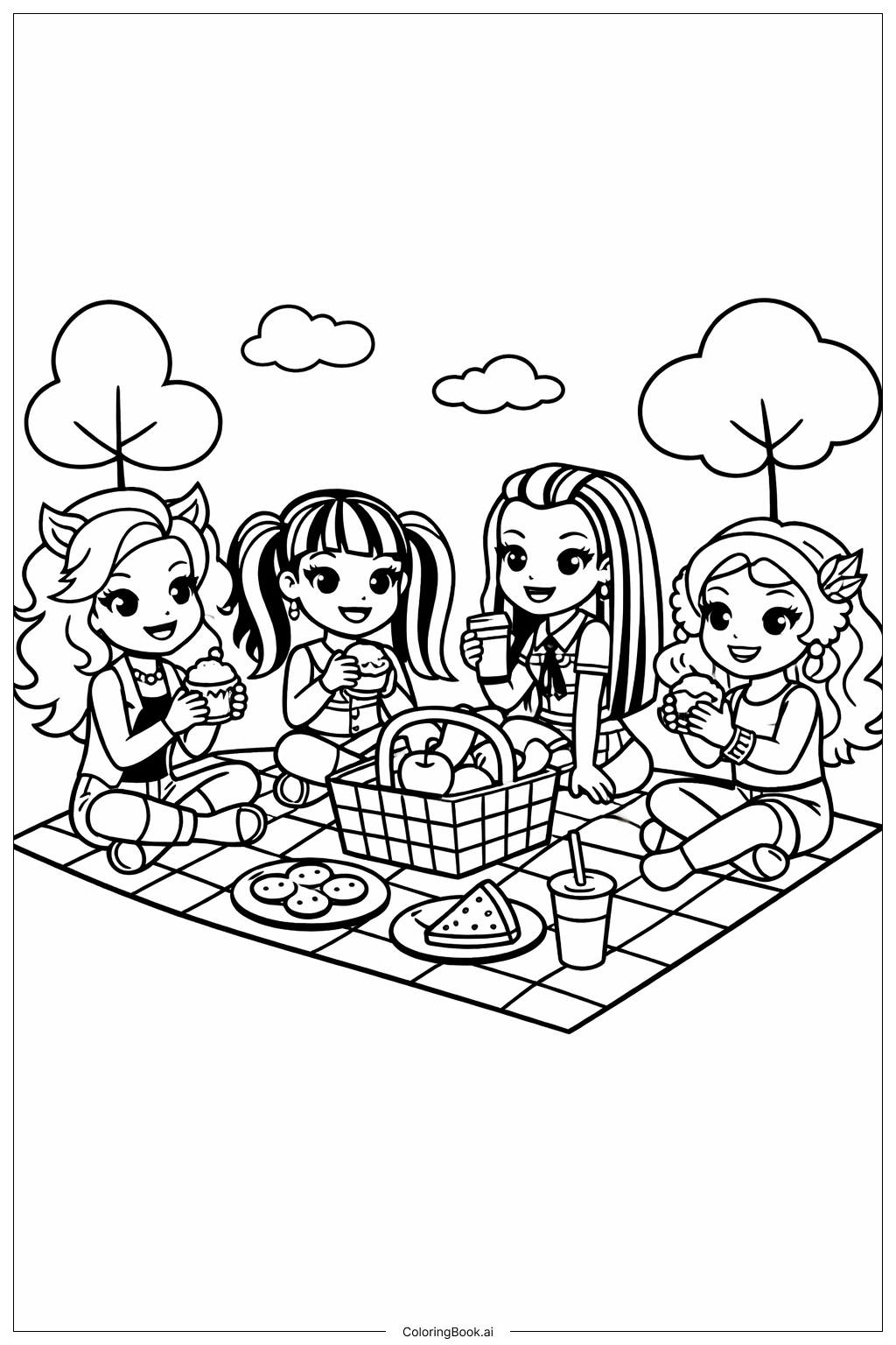  Página para colorir de Cena de Piquenique no Parque Monster High 