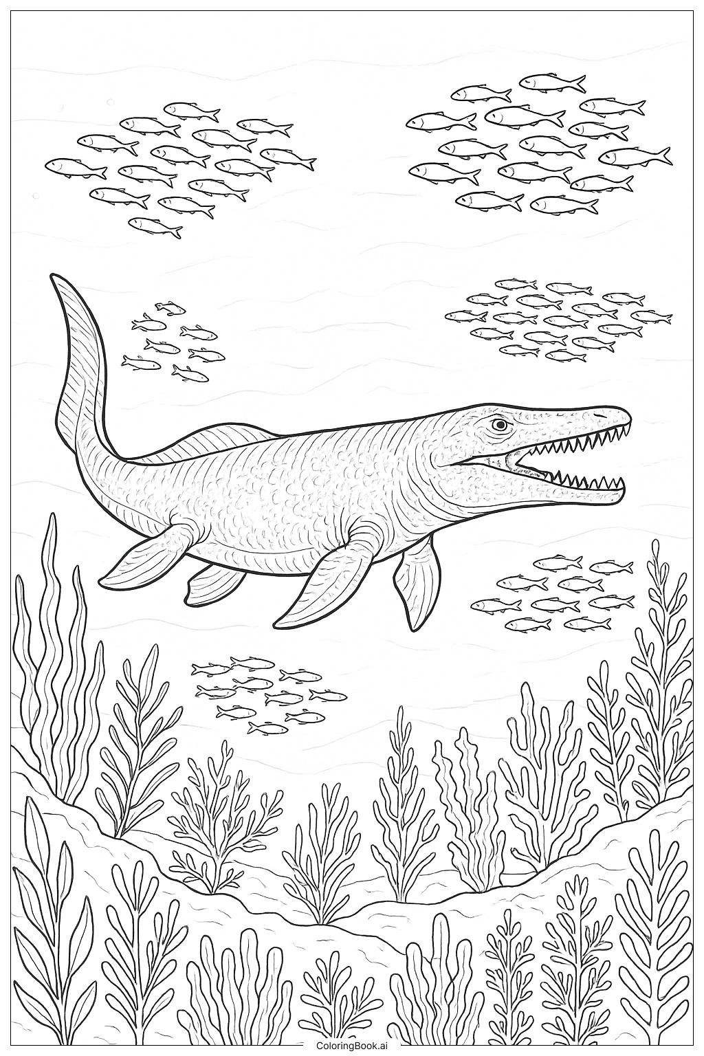  魚群中的蛇頸龍著色頁 