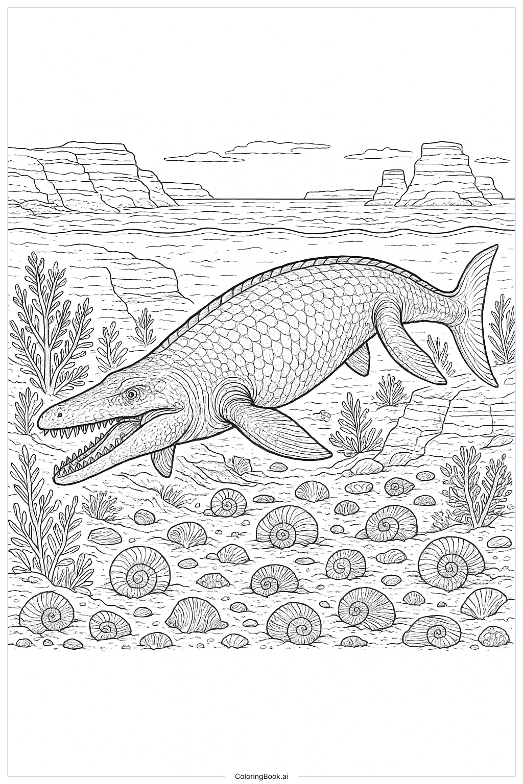  巨齒龍古代海床全景著色頁 