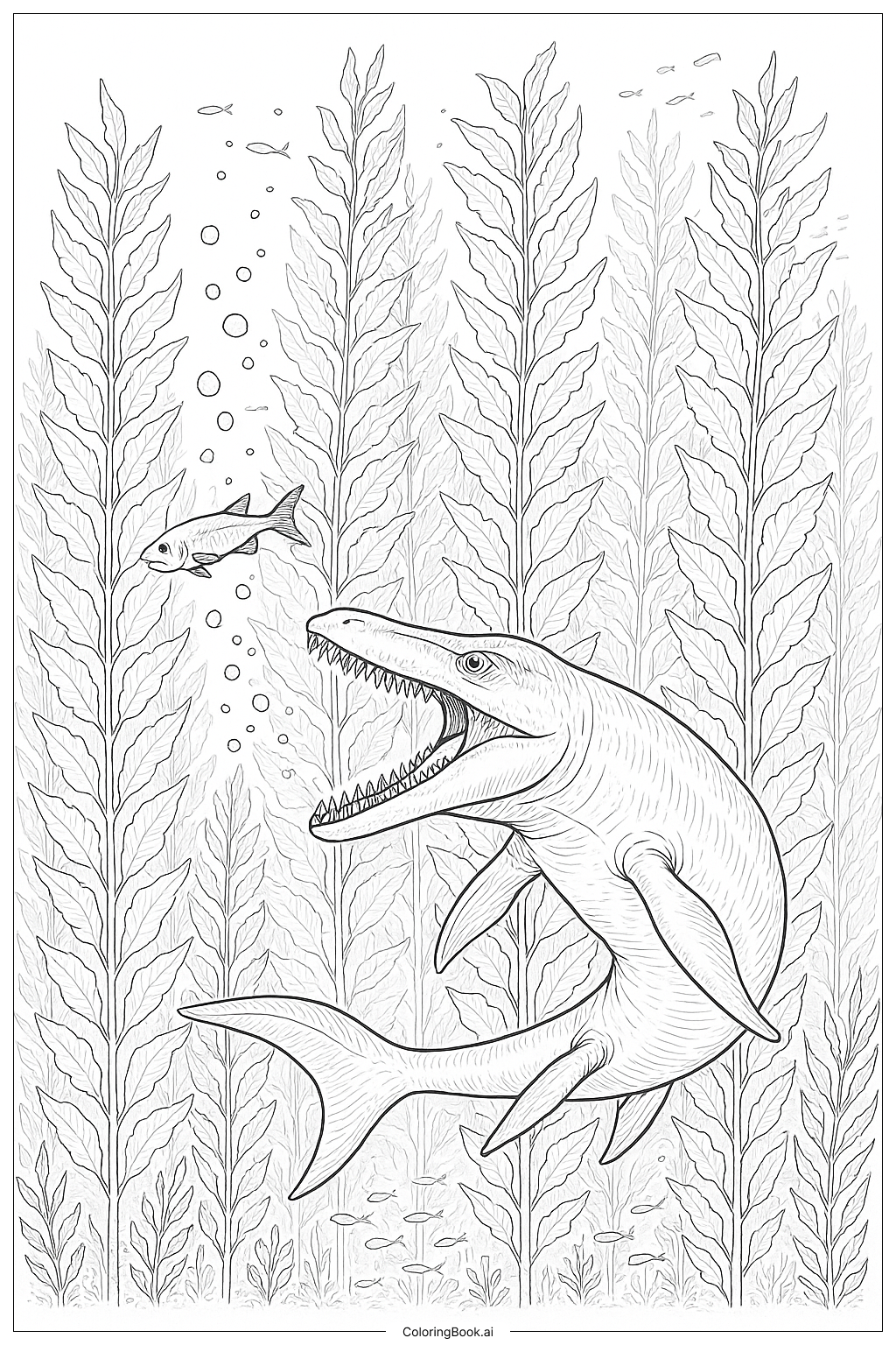 棘龙穿越海带追捕猎物填色页