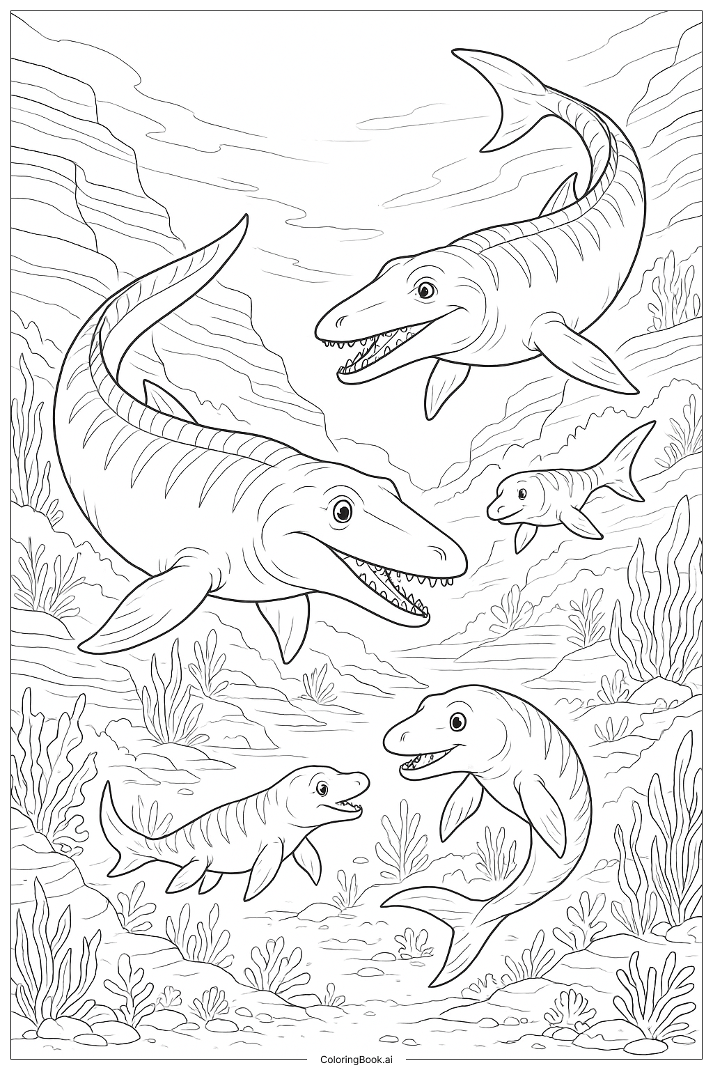 海底谷地中的沧龙家庭填色页