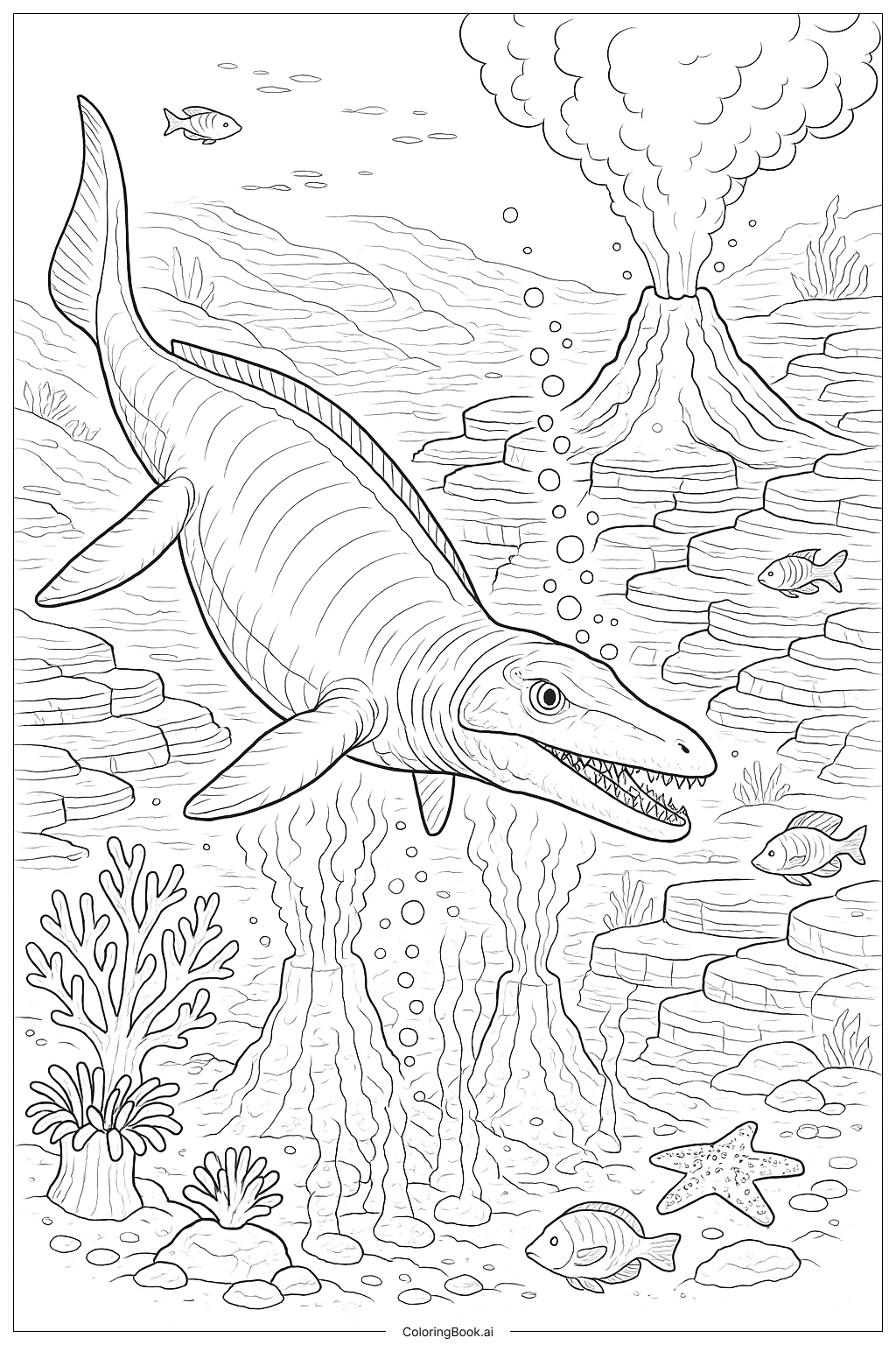  화산 분출구 근처의 모사사우루스 색칠공부 페이지 