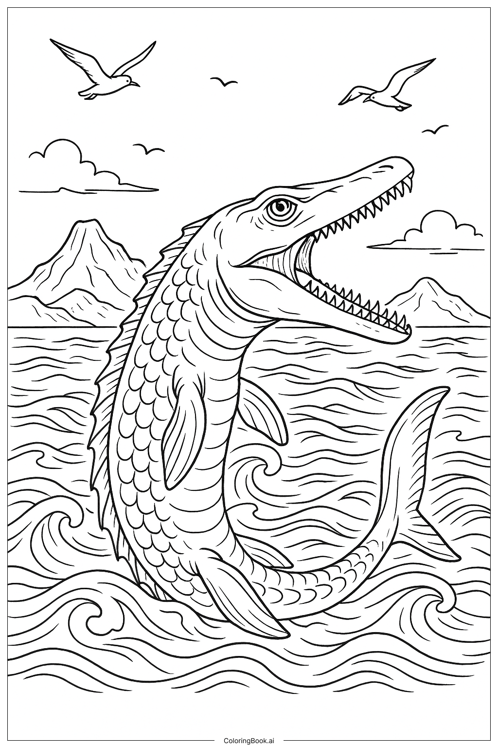  鱷龍海洋冒險場景著色頁 