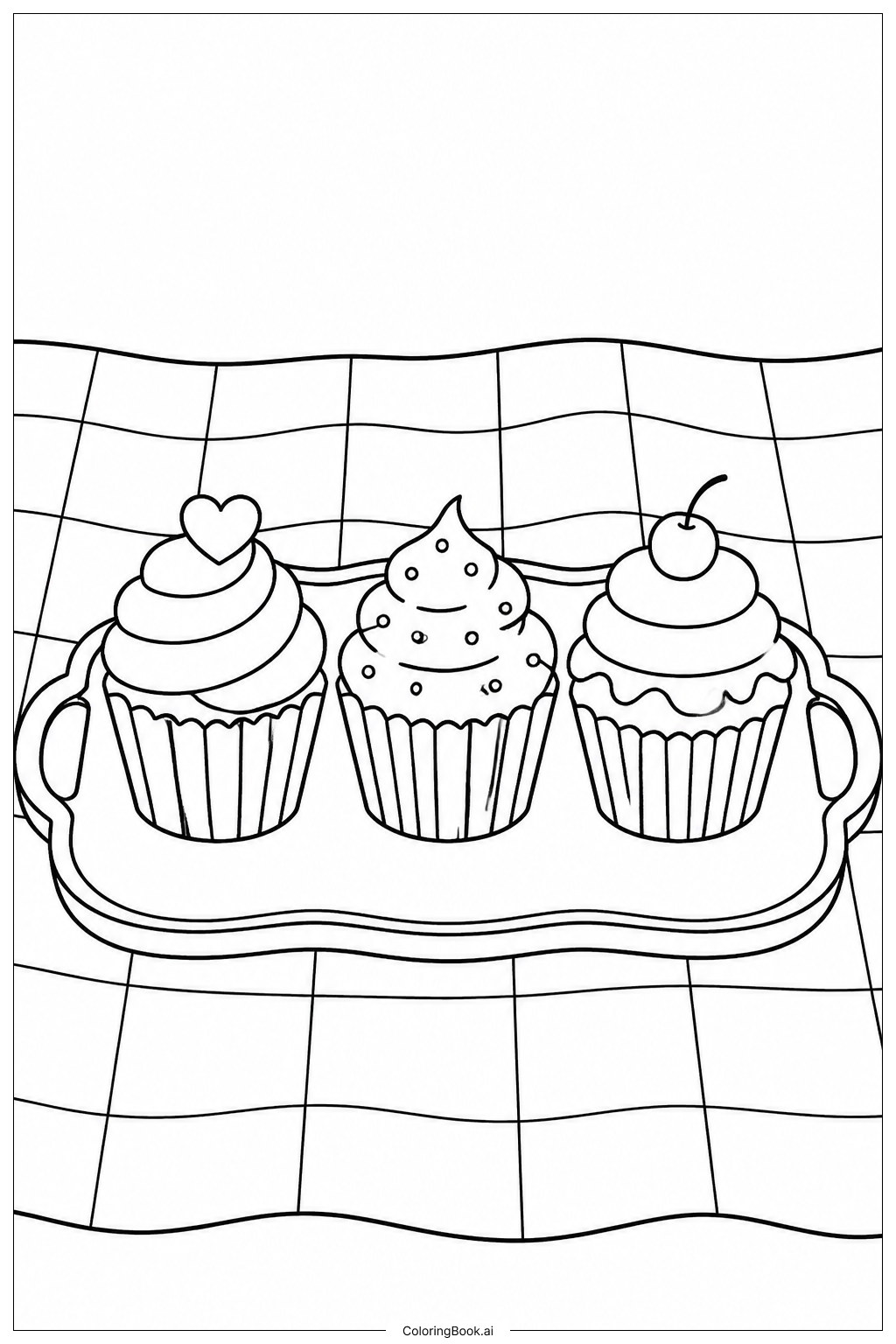  Page de coloriage Carte de la fête des mères avec des cupcakes sur un plateau 