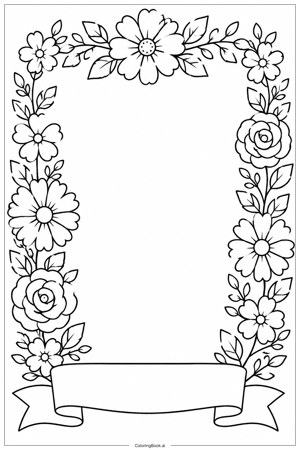  母の日カード 花のフレームとリボンの塗り絵ページ 