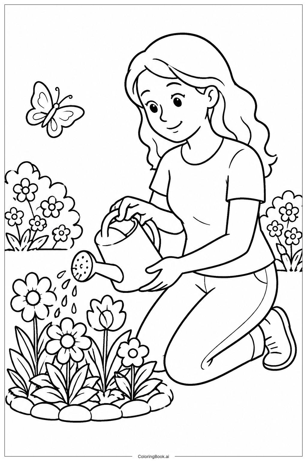  母亲节卡片花园场景与妈妈填色页 