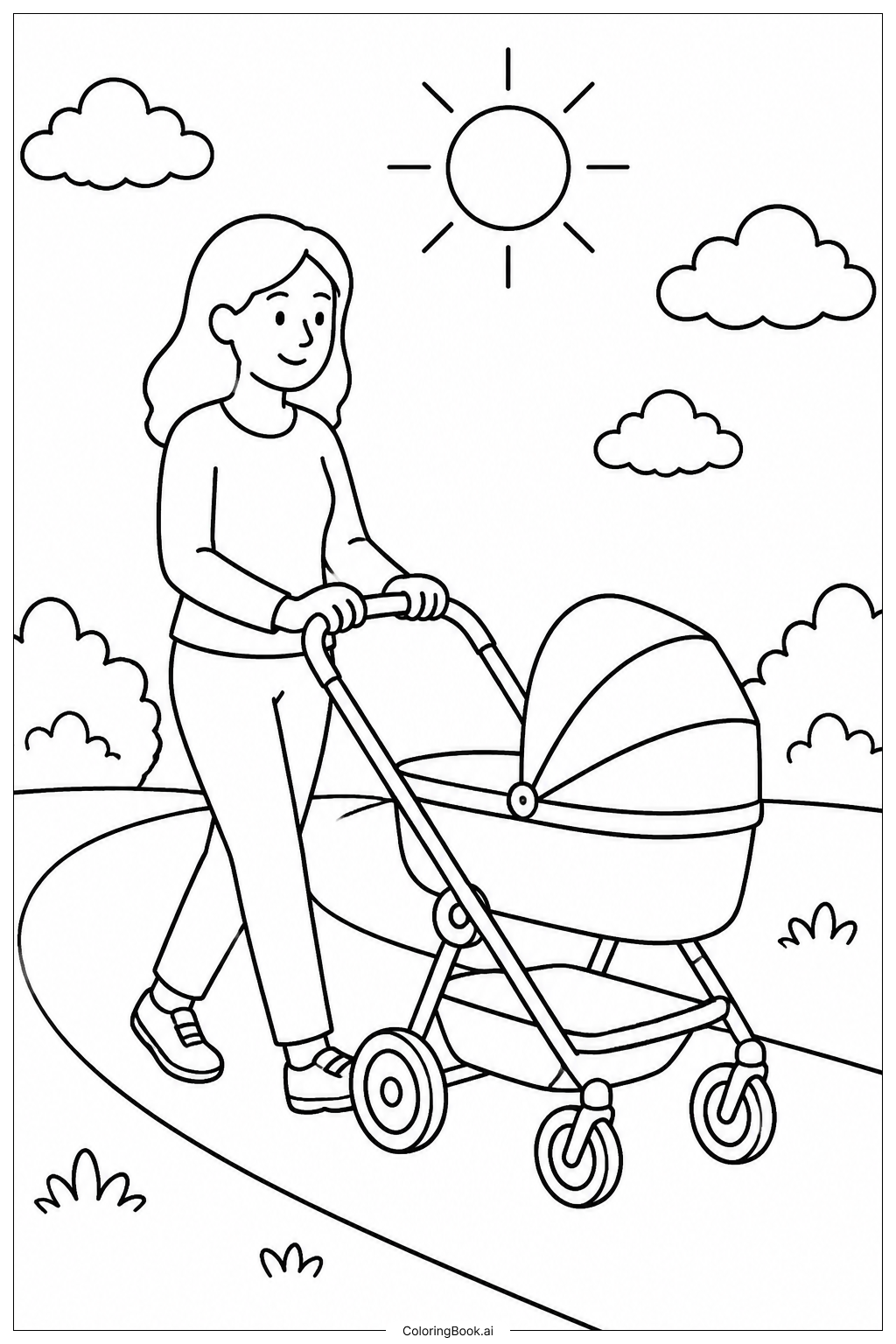  Página para colorir de Cartão do Dia das Mães com Mamãe e Bebê no Carrinho 