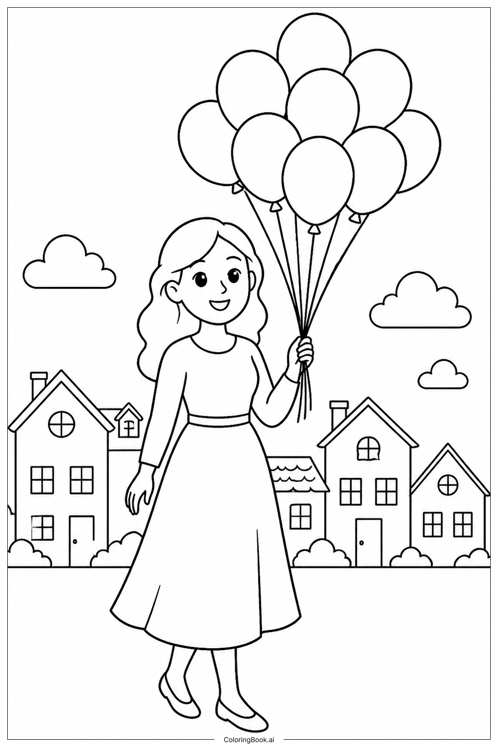  Page de coloriage Carte de Fête des Mères - Maman et Bouquet de Ballons 