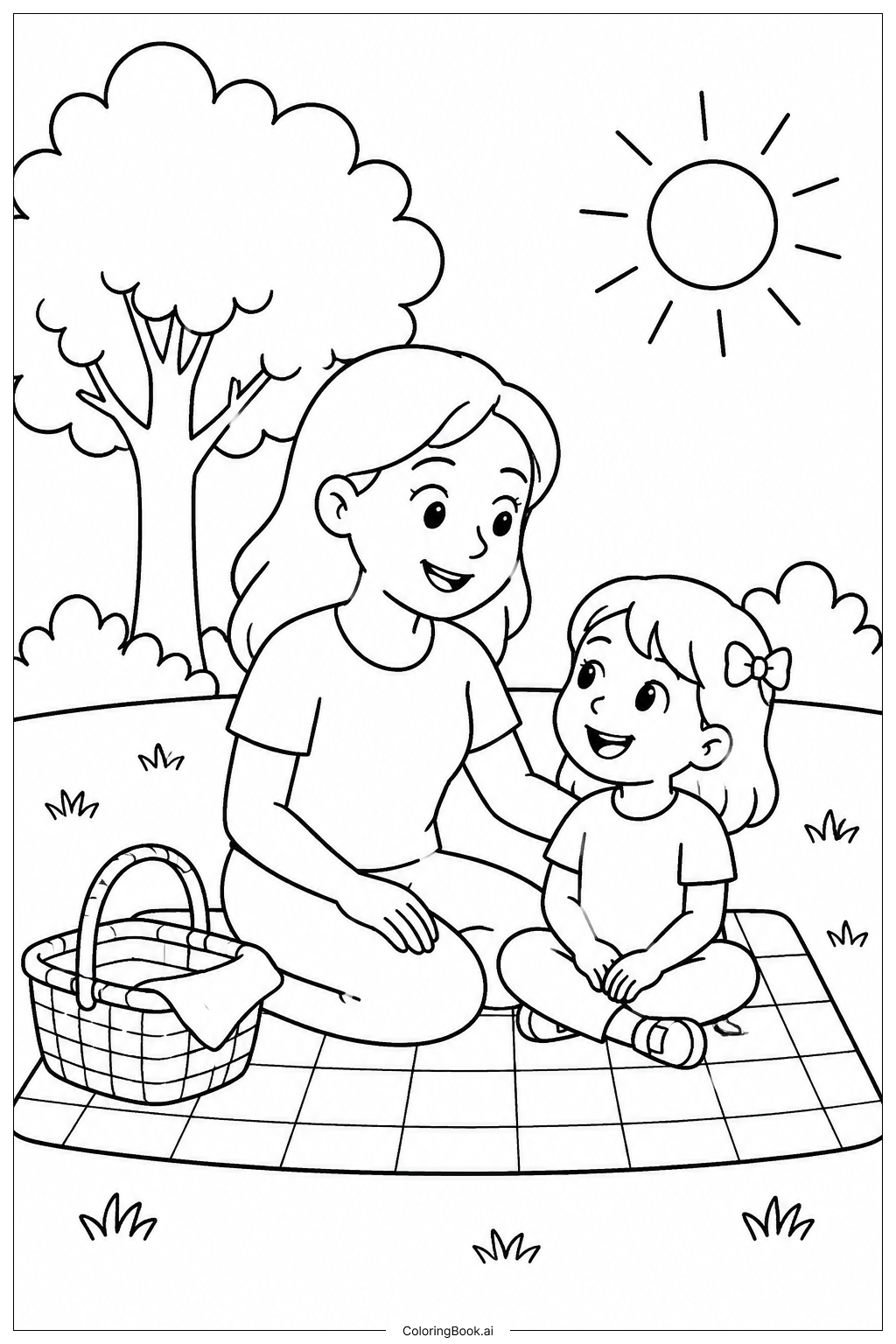  母の日カード お母さんと子どものピクニックの塗り絵ページ 