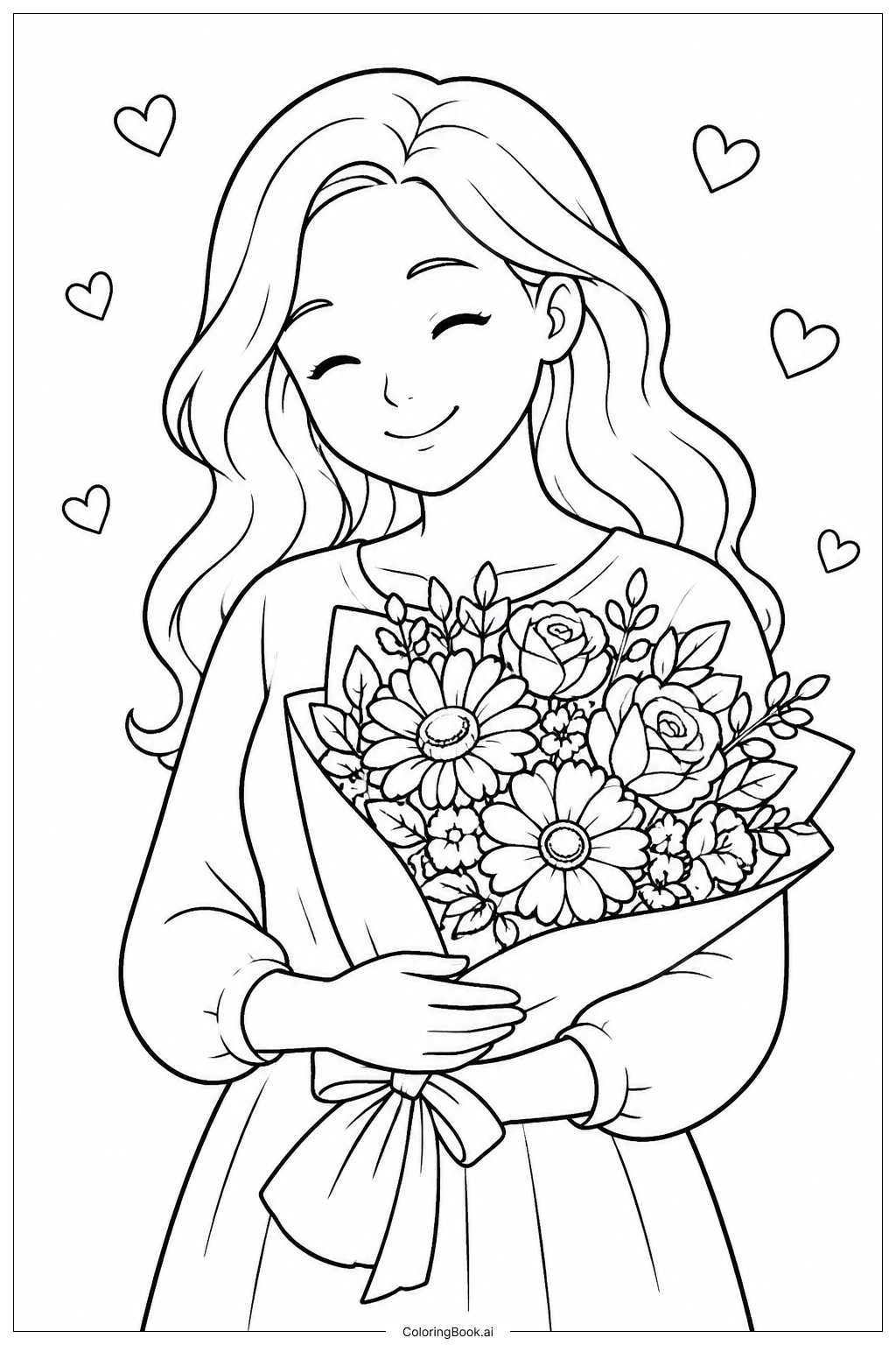  Page de coloriage Carte de la fête des mères, maman tenant un bouquet 