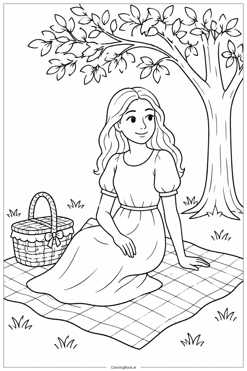  Page de coloriage Carte de fête des mères : maman sur une couverture de pique-nique 