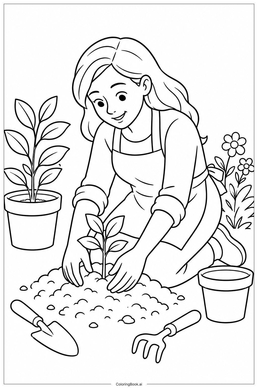  Page de coloriage Carte de fête des Mères maman plantant des fleurs 