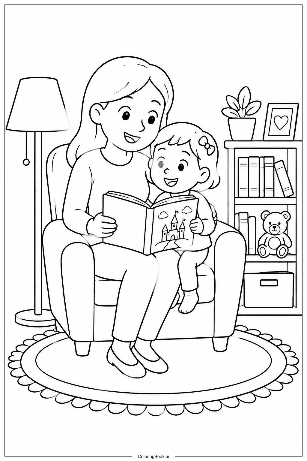  お母さんが絵本を読む母の日カードの塗り絵ページ 