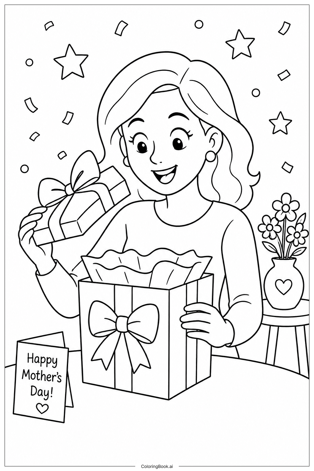  Page de coloriage Carte de fête des mères maman recevant une boîte cadeau 