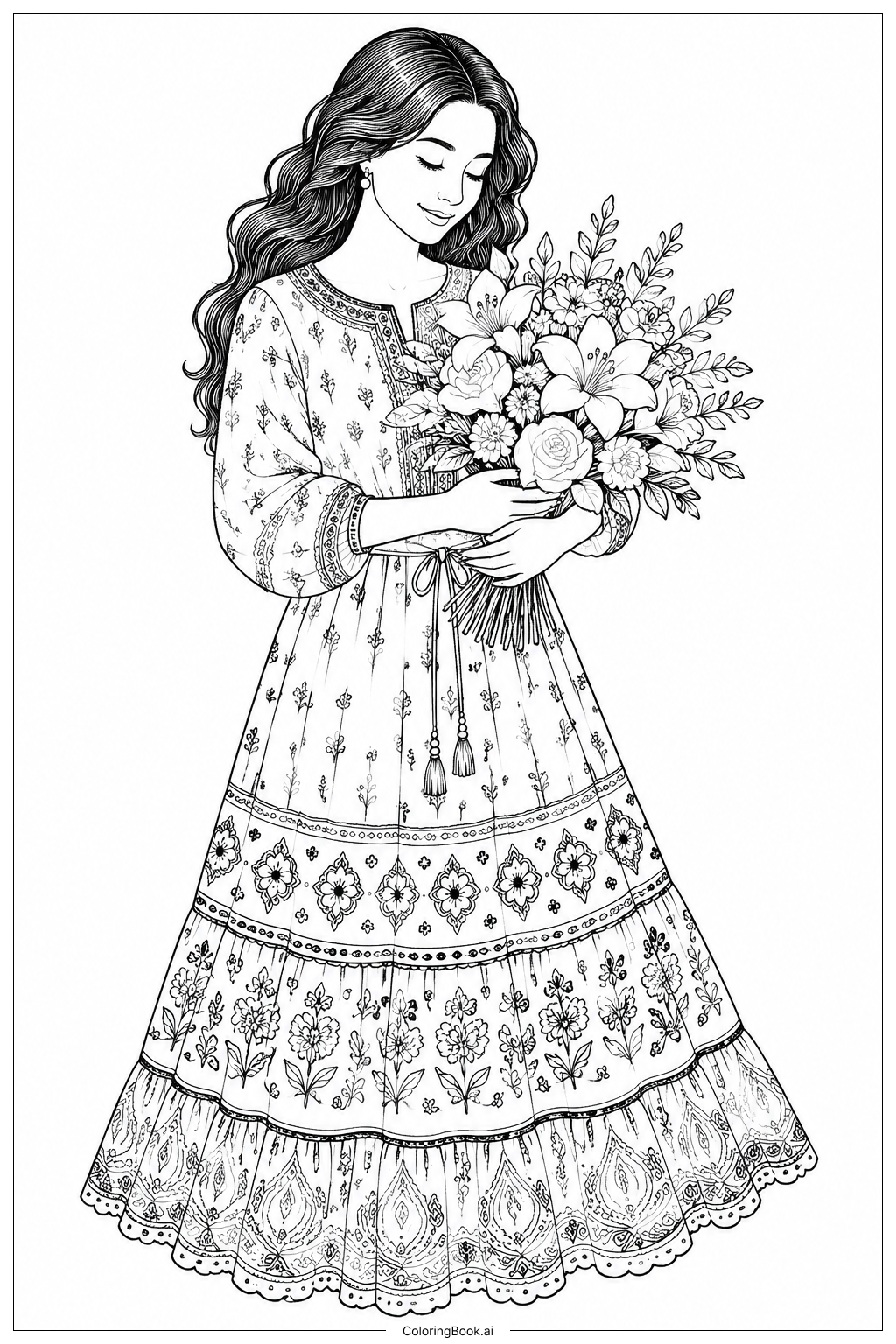  Página para colorir de Cartão do Dia da Mãe com a Mamãe Vestindo Vestido Estampado 