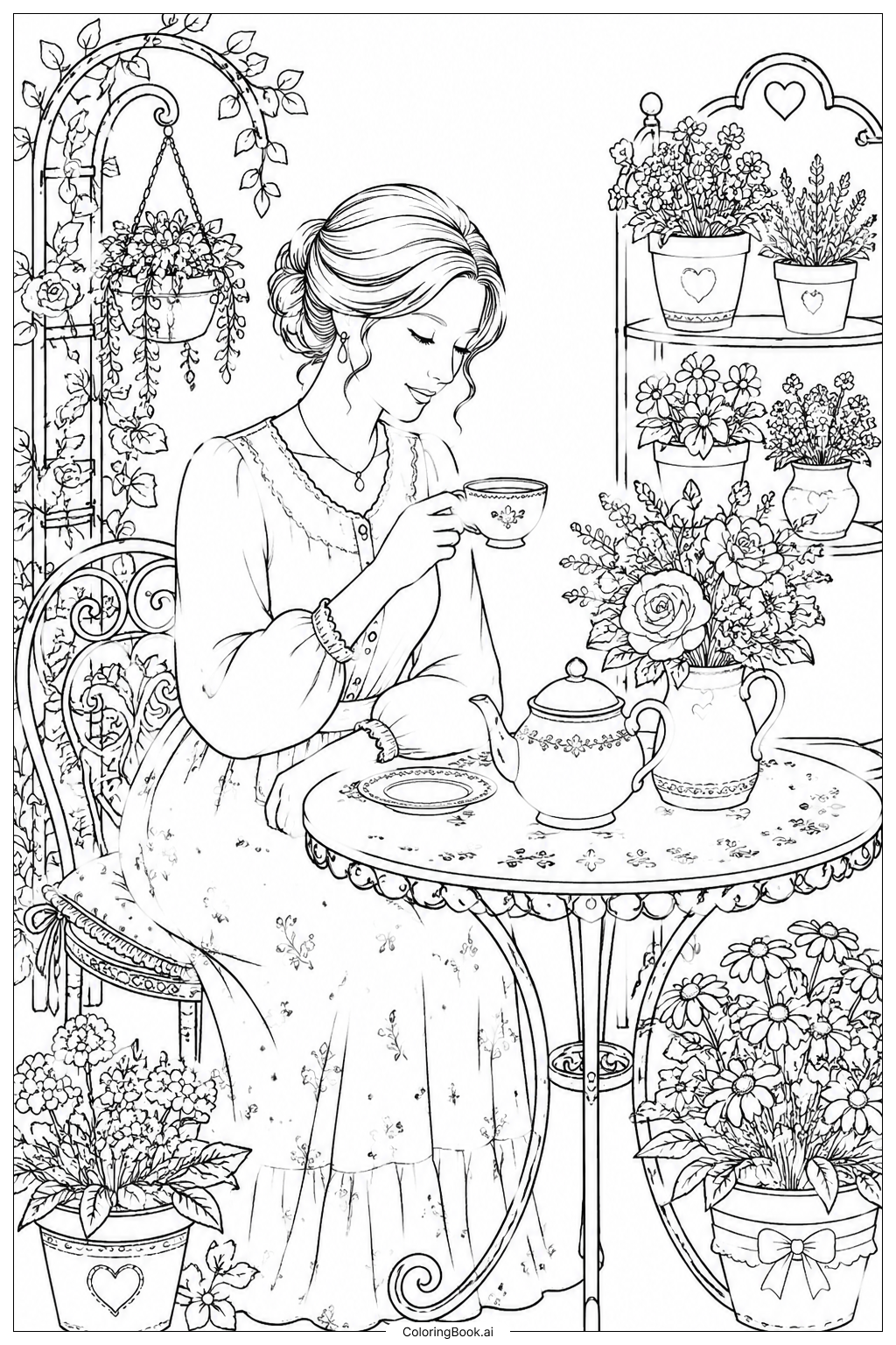 Página para colorir de Cartão do Dia das Mães Cena do Jardim de Chá da Mãe 