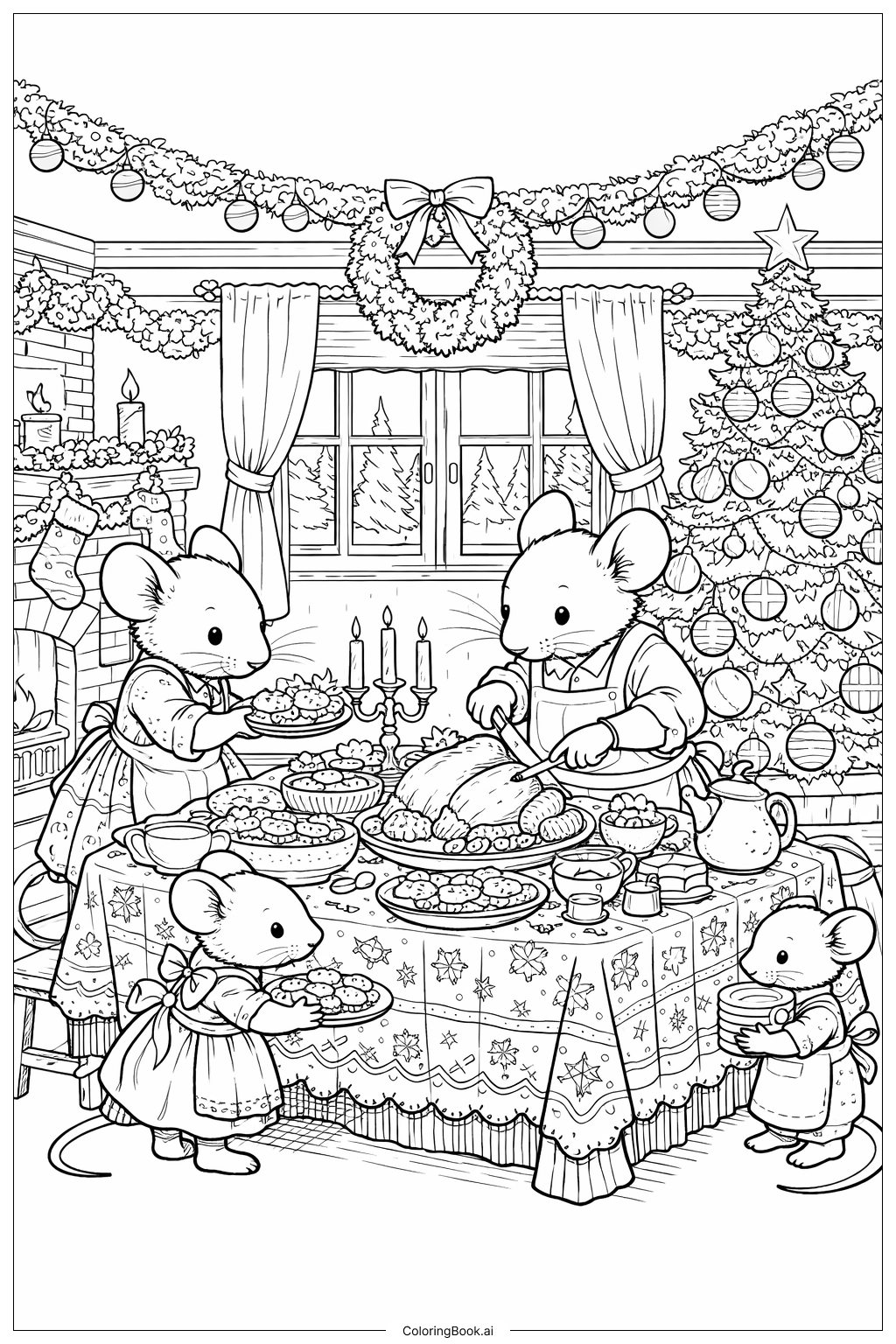  ネズミ家族のホリデーシーンの塗り絵ページ 