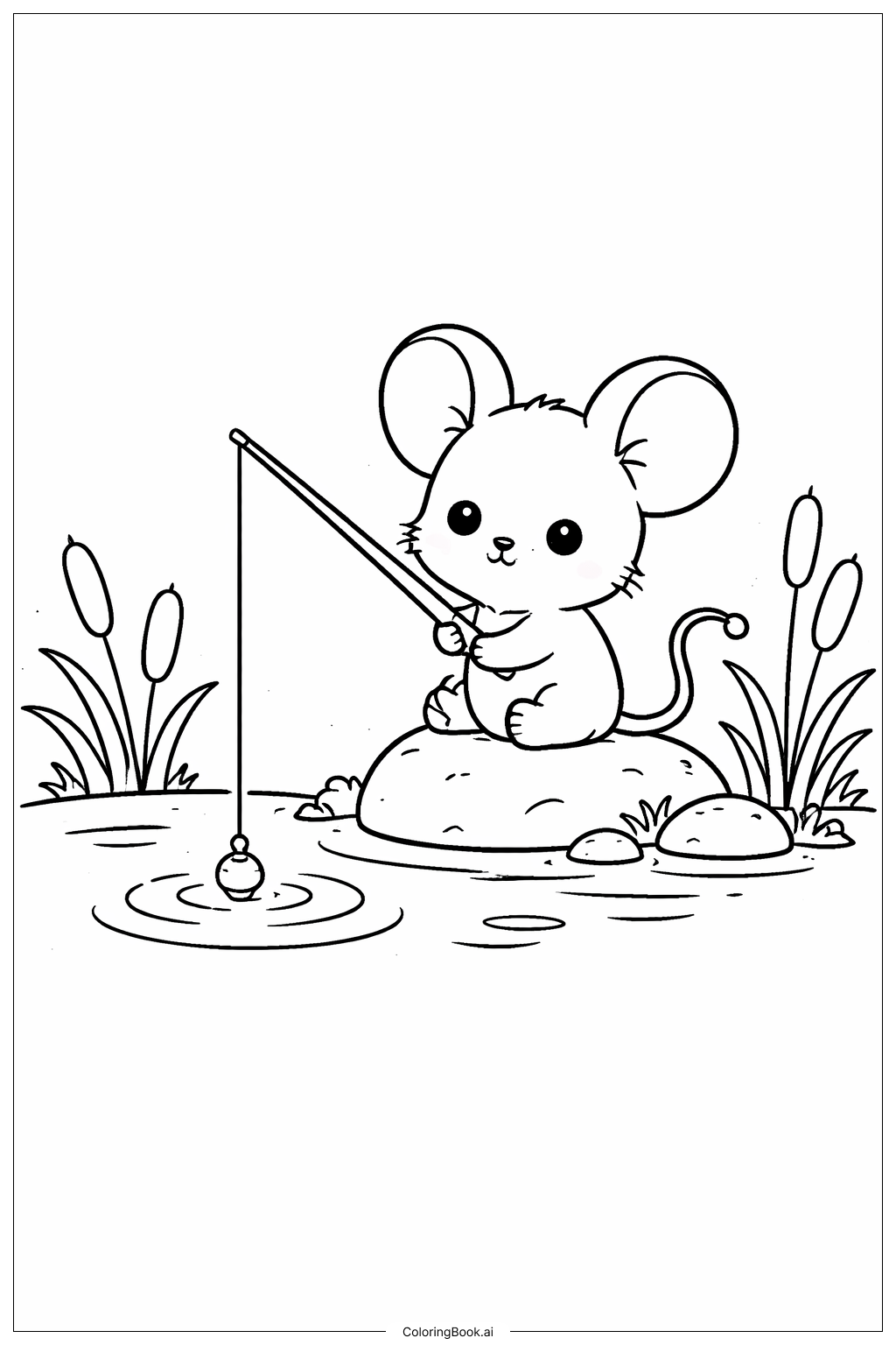  Page de coloriage Souris pêchant près de l'étang 