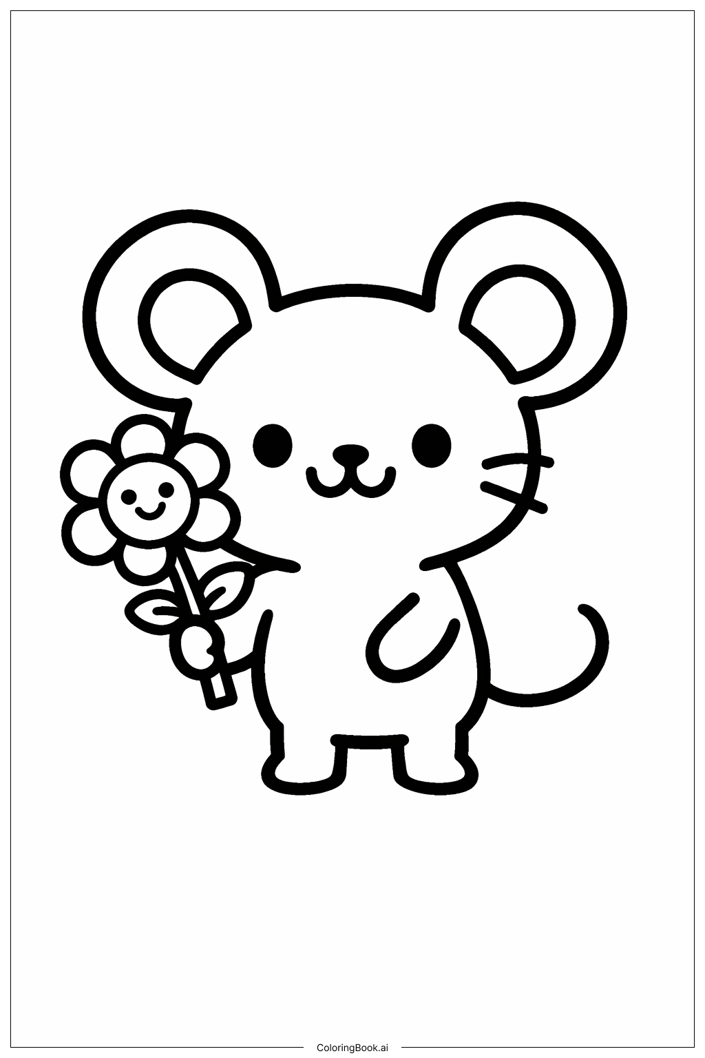 Mouse with Flower Coloring Page (Free PDF&PNG Printable)