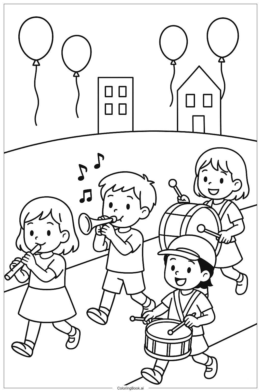  Página para colorear de Desfile de música con instrumentos 