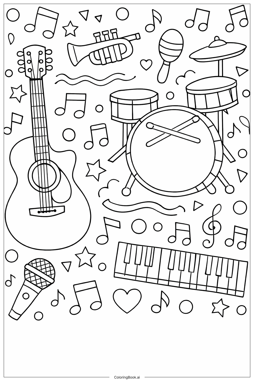  带乐器的音乐图案填色页 
