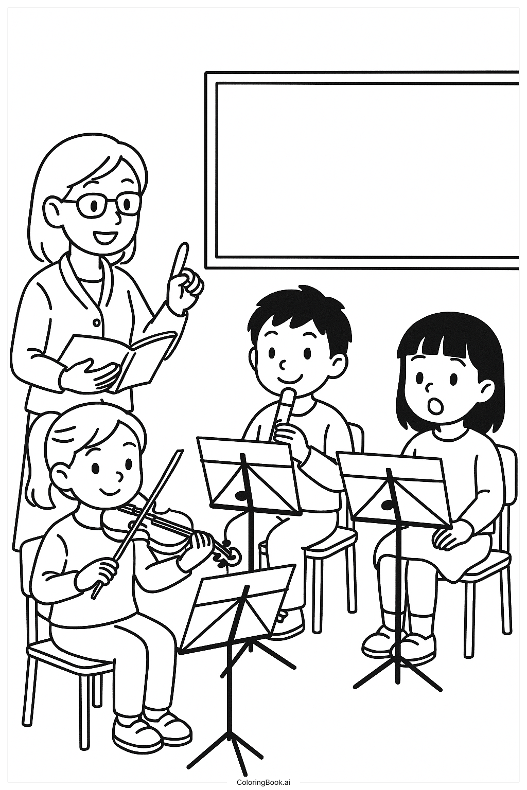  Página para colorear de Profesor de Música y Estudiantes 