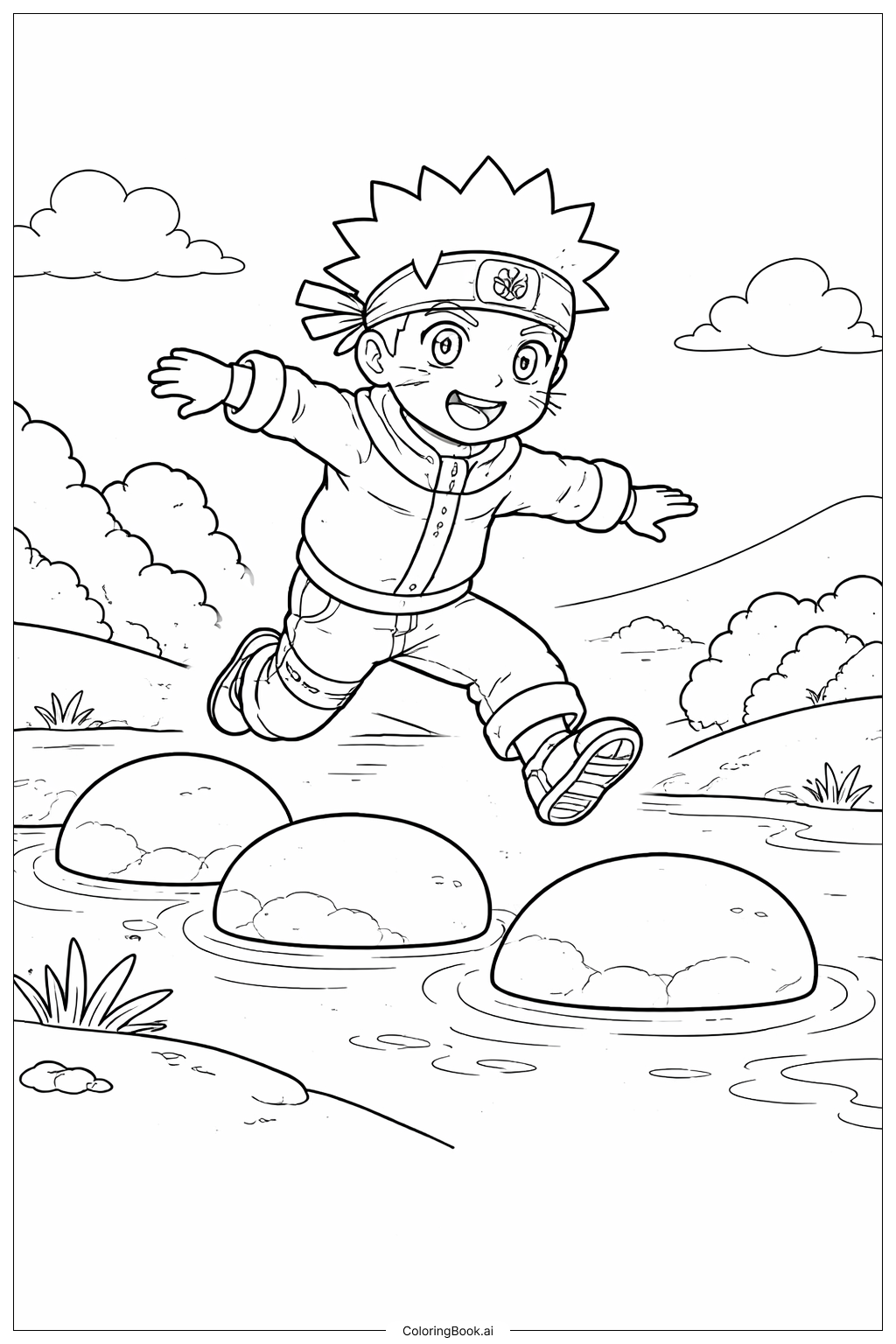  Page de coloriage Naruto sautant par-dessus des rochers 