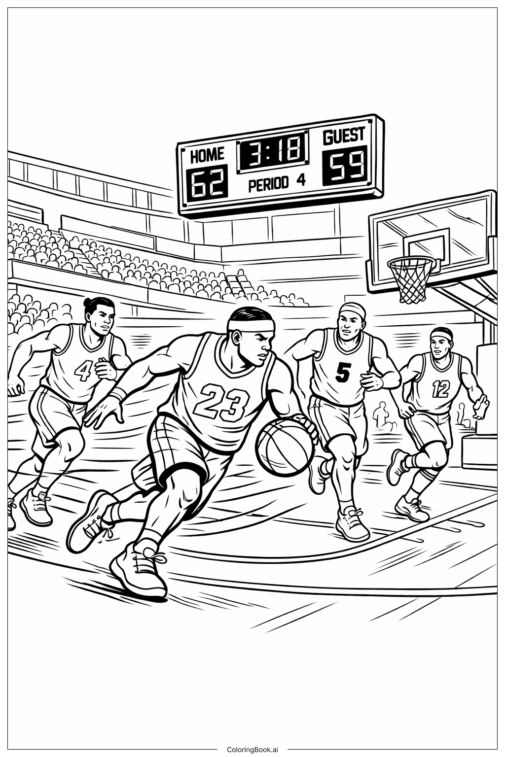  NBAファストブレイクシーケンスの塗り絵ページ 