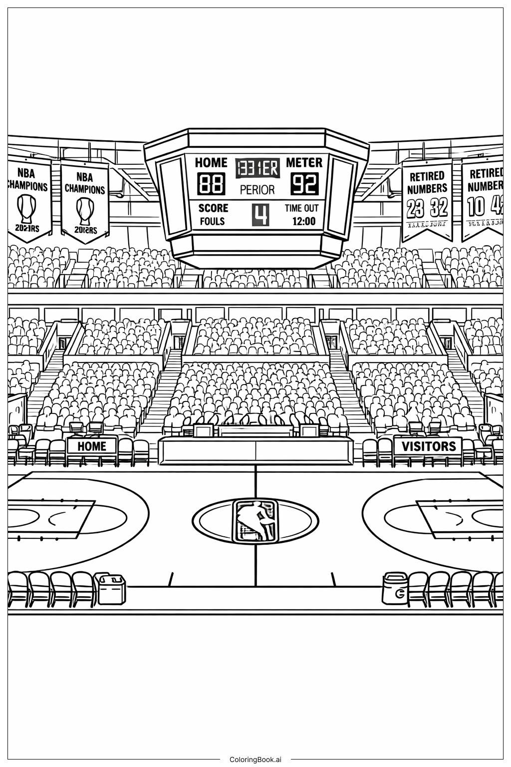  NBA ハードウッドコートパノラマの塗り絵ページ 