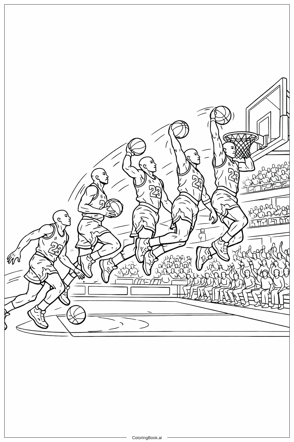  NBA伝説のダンクシーケンスの塗り絵ページ 