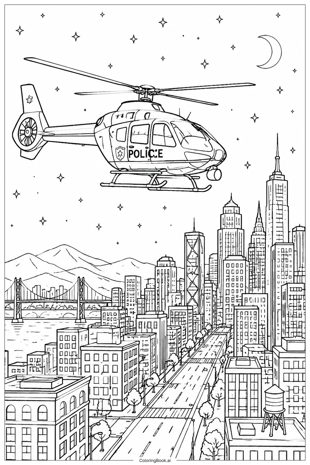  Night City Helicopter Patrol Coloring Page 