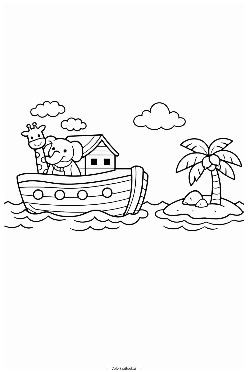  小さな島を通り過ぎるノアの箱舟の塗り絵ページ 