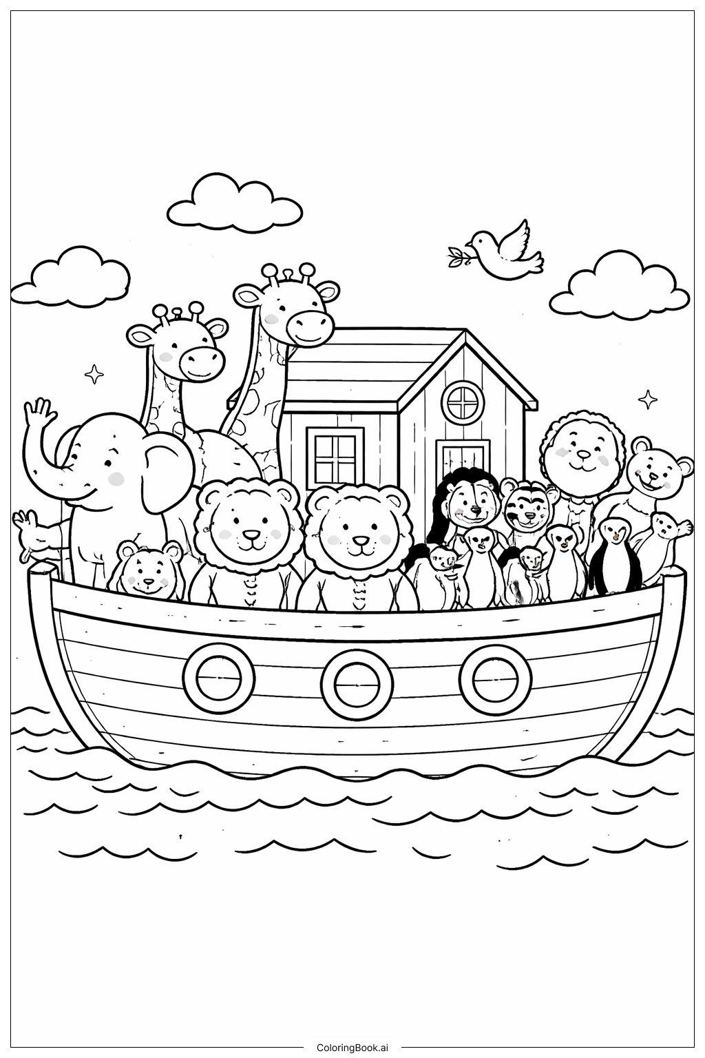  Trang tô màu Chiếc Nô-ê với Cuộc Diễu Hành Động Vật Trên Sàn Tàu 