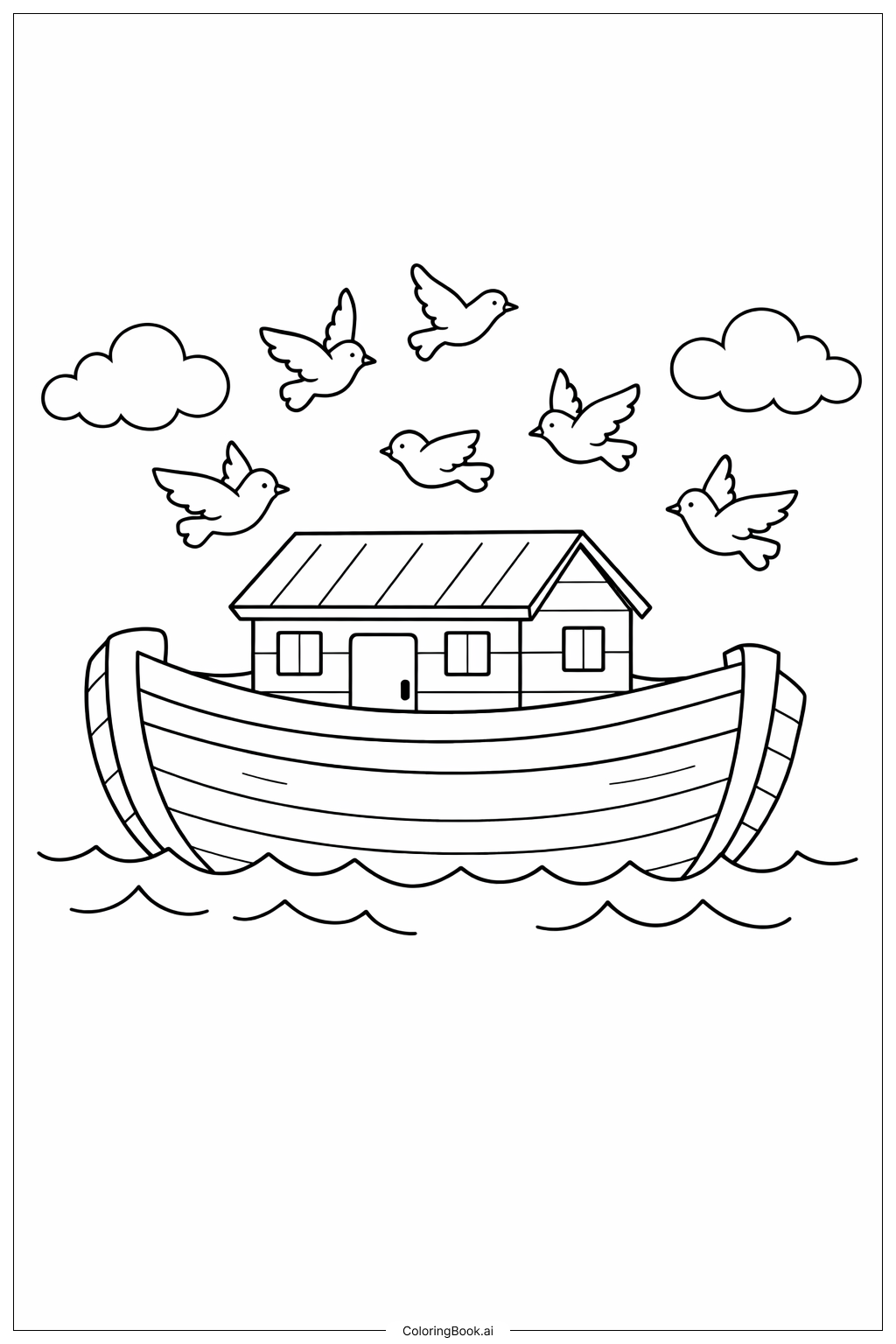  Página para colorear de El Arca de Noé con Pájaros Volando Sobre Ella 