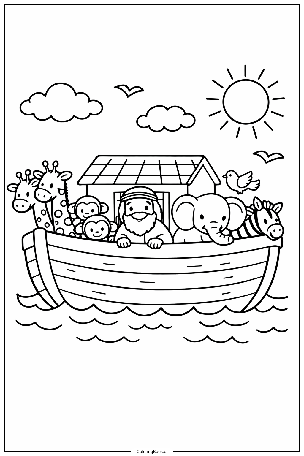  曇り空と太陽のノアの箱舟の塗り絵ページ 