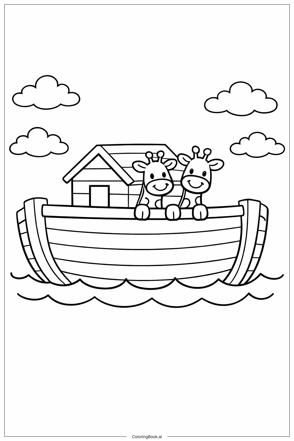  キリンが覗くノアの箱舟の塗り絵ページ 