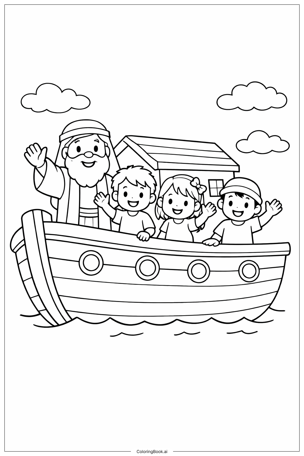  ノアの方舟とノアと子供たちの塗り絵ページ 